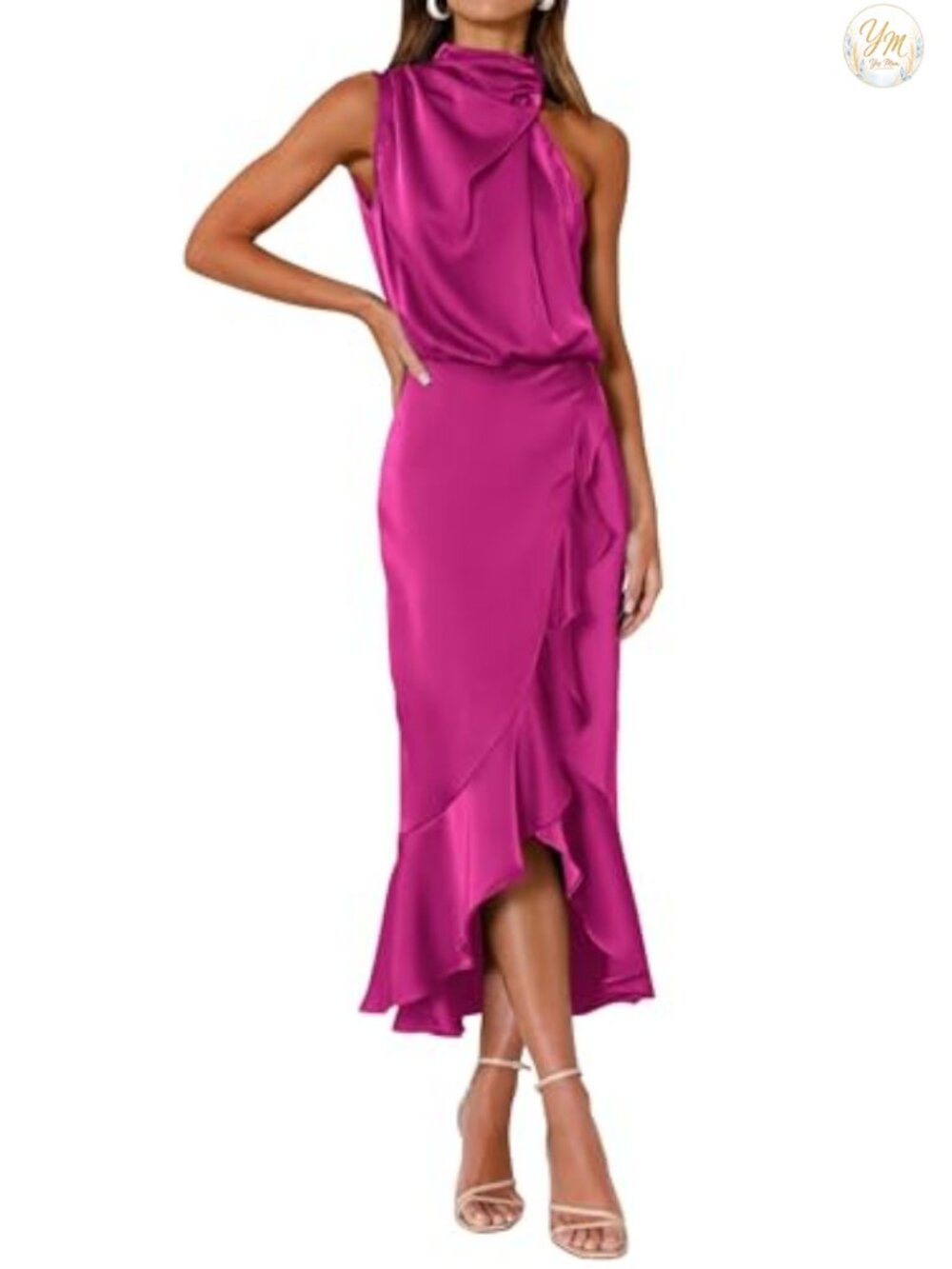 Women's Satin Mock Neck Wrap Bodycon Midi Dress Formal Party Wedding Guest